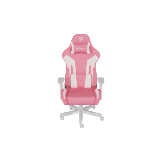 Scaun gaming Genesis Nitro 710, material piele ecologica, reglabil pe inaltime, greutate maxima suportata 150 kg, inaltime scaun reglabil 47.5 - 54.5 cm, spatar ajustabil 135°, dimensiuni roti 60mm,  echipat cu piston cu gaz clasa 4, manere 2D, roz/alb