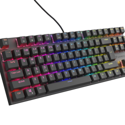 Tastatura gaming mecanica cu fir Genesis Thor 303 TKL, iluminare RGB, switch Linear, switch model Outemu Peach Silent, numar taste 87, 11 butoane multimedia, lungime cablu 1.8m, dimensiuni 355 x 136 x 36 mm, negru