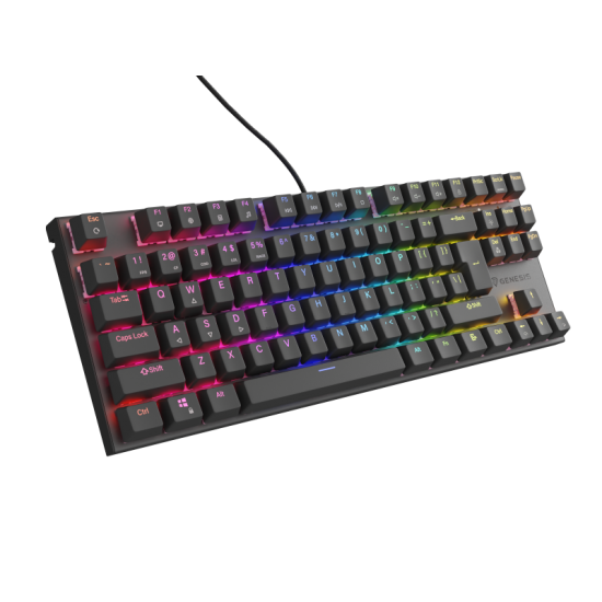 Tastatura gaming mecanica cu fir Genesis Thor 303 TKL, iluminare RGB, switch Linear, switch model Outemu Peach Silent, numar taste 87, 11 butoane multimedia, lungime cablu 1.8m, dimensiuni 355 x 136 x 36 mm, negru