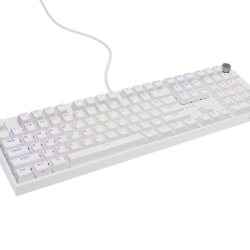 Tastatura gaming mecanica cu fir Genesis Thor 404, iluminare RGB, switch Linear, switch model Gateron Yellow Pro, numar taste 107, 11 butoane multimedia, lungime cablu 1.8m, dimensiuni 439 x 133 x 41 mm, alb