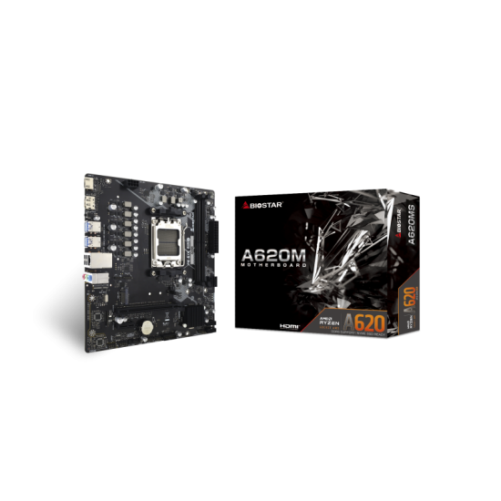 Biostar A620MS. Processor manufacturer: AMD, Processor socket: Socket AM5, Compatible processor series: AMD Ryzen 7000 Series, AMD Ryzen 8000 Series, AMD Ryzen 9000 Series. Supported memory types: DDR5-SDRAM, Maximum internal memory: 128 GB, Memory slots 