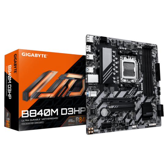 GIGABYTE B840M D3HP. Processor manufacturer: AMD, Processor socket: Socket AM5, Compatible processor series: AMD Ryzen 7000 Series, AMD Ryzen 8000 Series, AMD Ryzen 9000 Series. Supported memory types: DDR5-SDRAM, Maximum internal memory: 256 GB, Memory s