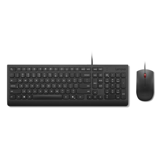 Lenovo Essential Wired Combo Black US Euro. Keyboard form factor: Full-size (100%), Connectivity technology: Wired, Device interface: USB. Cable length: 1.8 m. Recommended usage: Universal. Product colour: Black. Mouse included