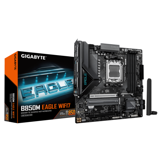 GIGABYTE B850M EAGLE WIFI7. Processor manufacturer: AMD, Processor socket: Socket AM5, Compatible processor series: AMD Ryzen 7000 Series, AMD Ryzen 8000 Series, AMD Ryzen 9000 Series. Supported memory types: DDR5-SDRAM, Maximum internal memory: 256 GB, M