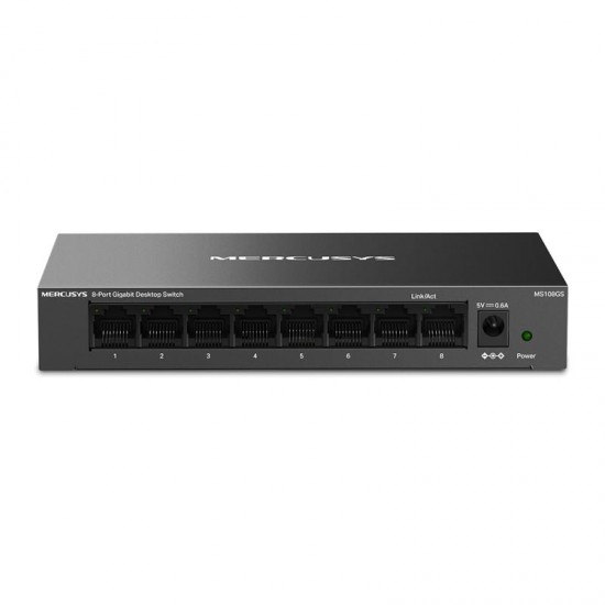 Mercusys MS108GS. Switch type: Unmanaged. Basic switching RJ-45 Ethernet ports type: Gigabit Ethernet (10/100/1000), Basic switching RJ-45 Ethernet ports quantity: 8. Full duplex. MAC address table: 8000 entries, Switching capacity: 16 Gbit/s. Networking Mercusys MS108GS. Switch type: Unmanaged. Basic switching RJ-45 Ethernet ports type: Gigabit Ethernet (10/100/1000), Basic switching RJ-45 Ethernet ports quantity: 8. Full duplex. MAC address table: 8000 entries, Switching capacity: 16 Gbit/s. Networking