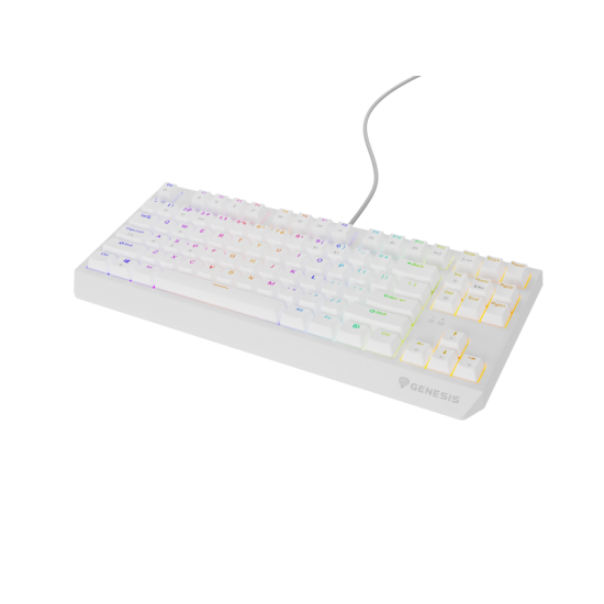 Tastatura gaming mecanica cu fir Genesis Thor 230 TKL, iluminare RGB, switch-uri Brown, 87 taste, 11 butoane multimedia, alb