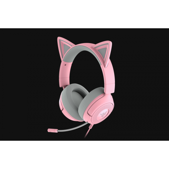 Casti Razer Kraken Kitty V3 X, frecventa raspuns 20 Hz – 28 kHz, sensibilitate 98 dBSPL / mW at 1 kHz by HATS si microfon unidirectional, sensibilitate microfon -42 ± 3 dBV / Pa, 1 kHz, roz
