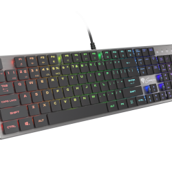 Tastatura gaming mecanica cu fir Genesis Thor 420 , iluminare RGB, switch Content Slim Blue, numar taste 104, 12 butoane multimedia, lungime cablu 165m, dimensiuni 418 x 113 x 24 mm, gri