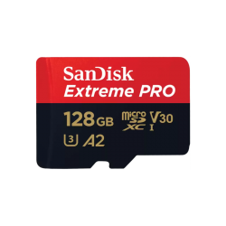 SanDisk Extreme PRO. Capacity: 128 GB, Flash card type: MicroSDXC, Flash memory class: Class 10, Internal memory type: UHS-I, Read speed: 200 MB/s, Write speed: 90 MB/s, UHS Speed Class: Class 3 (U3), Video Speed Class: V30. Protection features: Shock res
