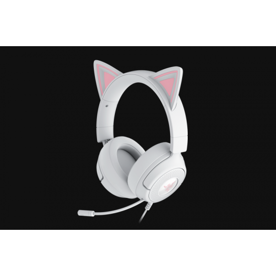 Casti Razer Kraken Kitty V3 X, frecventa raspuns 20 Hz – 28 kHz, sensibilitate 98 dBSPL / mW at 1 kHz by HATS si microfon unidirectional, sensibilitate microfon -42 ± 3 dBV / Pa, 1 kHz, alb