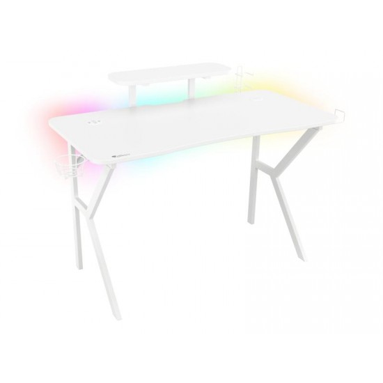 Birou gaming Genesis Holm 320 RGB, cadru din metal, MDF textura tip carbon, iluminare RGB, management cabluri, alb