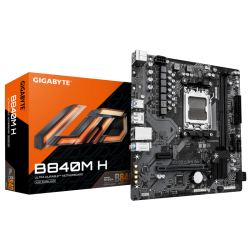 GIGABYTE B840M H. Processor manufacturer: AMD, Processor socket: Socket AM5, Compatible processor series: AMD Ryzen 7000 Series, AMD  Ryzen 8000 Series, AMD Ryzen 9000 Series. Supported memory types: DDR5-SDRAM, Maximum internal memory: 128 GB, Memory slo