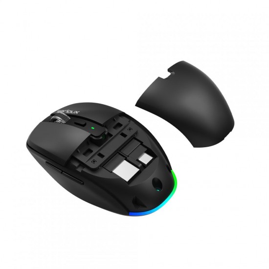 Mouse wireless AirFlow 2.4G+BT cu mod dual, cu receptor dual USB-A +USB-C; LED frontal  Mod: 2.4G + Bluetooth  Număr cheie: 6  Material: ABS  Culoare: Negru complet  DPI: 800-1200-1600  Comutator: Clic silențios pentru butonul L-R  Interfață: Receptor dua