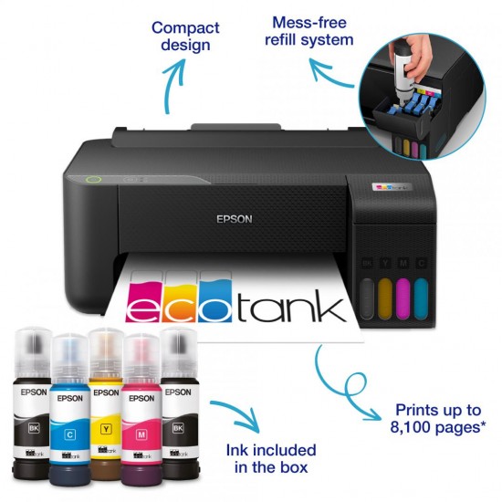 Imprimanta inkjet color CISS Epson L1230, dimensiune A4, viteza max 33ppm alb-negru, 15ppm color, rezolutie printer 5760x1440dpi, alimentare hartie 100 coli, imprimare fara margini, interfata: USB 2.0, consumabile: 103 ecotank Black, Cyan, Magenta, Yellow
