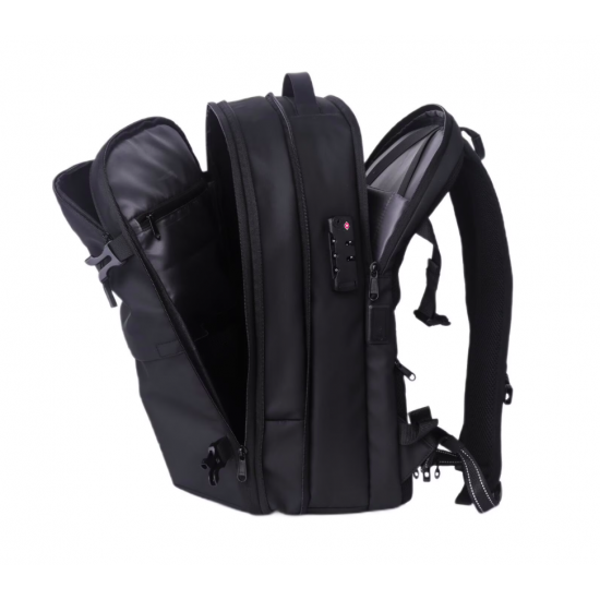 Lemontti Rucsac Smart Premium cu Vacuum si pompa vid 5 capete inclusa, 30-60L pentru cabina avion, impermeabil, doua mufe incarcare USB: USB-A si Type-C, extensie suplimentara, sistem antifurt, Negru