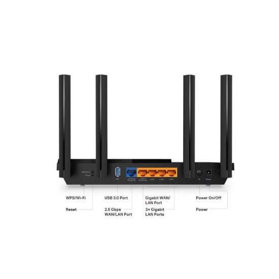 TP-Link Wireless Router, ARCHER AX55 PRO ;dual band AX3000 5 GHz: 2402 Mbps (802.11ax), 2.4 GHz: 574 Mbps(802.11ax), Standard and Protocol: IEEE 802.11ax/ac/n/a 5 GHz, IEEE 802.11ax/n/b/g 2.4 GHz, 4 x Antene Externe fixe, 1× Port WAN/LAN Gigabit de 2.5, 1