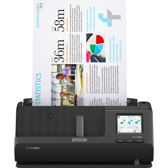EPSON ES-C380W A4 Compact Network Sheetfed Scanner, PC-FREE scan, Rezolutie optica: 600 x 600 DPI,  Sursa lumina: ReadyScan LED technology, Viteza scanare:30ppm, Capacitate ADF: 20 coli, Volum scanare: 3500 pagini/zi, Duplex, Formate: BMP, JPEG, TIFF, mul