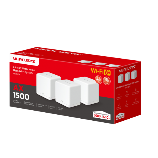 Mercusys Halo H60X(3-pack) Whole mesh Wi-Fi6 system, AX1500, Dual-band, Standarde wireless: IEEE 802.11ax/ac/n/a 5 GHz, IEEE 802.11n/b/g 2.4 GHz, Viteza wireless: 1201 Mbps on 5 GHz, 300 Mbps on 2.4 GHz, Dimensiuni:88 × 88 × 88 mm, Interfata: 3 x 10/100/1
