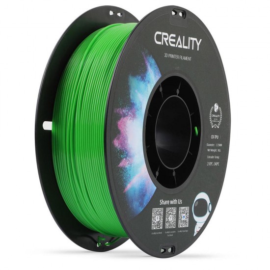 CREALITY CR-TPU 3D Printer Filament, Green, 1kg, elastic,rezistent UV, Printing temperature: 210-240, Filament diameter: 1.75mm, Size of filament wheel: Diameter 200mm, height 66mm, hole diameter 56mm. Utilizare: pana la 6 luni de la deschiderea ambalajul