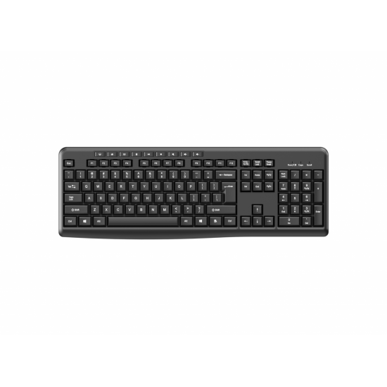 Tastatură wireless 2.4G Tastatură: cu rând independent de taste multimedia Mod: 2.4G Număr taste: 104 + 9 taste rapide Material: ABS Culoare: Negru Chipset: Huntersun Aspect: Orice aspect disponibil Tip interfață: USB Dimensiune: 442*152*25mm ; 440g Bater