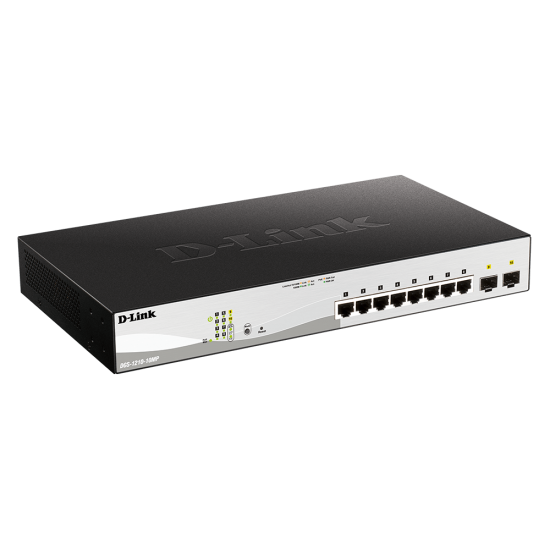 D-Link Switch 10 porturi POE smart maaged DGS-1210-10MP, Interfata: 8 x 10/100/1000Mbps, 2 x100/1000 SFP, Capacitate switch: 20 Gbps, Memorie: 128Mb DDR3, Flash 32Mb, Auto MDI/MDIX, Buget POE: 130W, Dimensiuni: 330 x 180 x 44 mm, Greutate: 1.77kg.