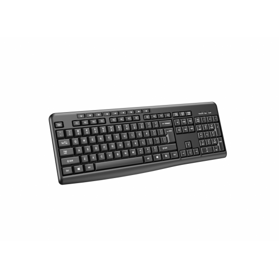 Tastatură wireless 2.4G Tastatură: cu rând independent de taste multimedia Mod: 2.4G Număr taste: 104 + 9 taste rapide Material: ABS Culoare: Negru Chipset: Huntersun Aspect: Orice aspect disponibil Tip interfață: USB Dimensiune: 442*152*25mm ; 440g Bater