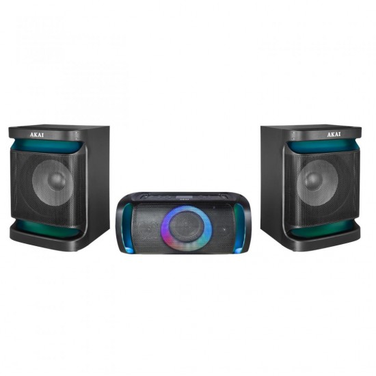 Sistem audio Akai Dual Speaker MX5, versiune BT 5.3, tip baterie Li-ion 2400mAh, voltaj baterie 12V, putere RMS 200W, format audio suportat MP3/WMA, timp de incarcare 2 ore, autonomie baterie 2-3 ore, frecventa raspuns 30HZ-20KHz, impendanta 4 ohm, ratie 