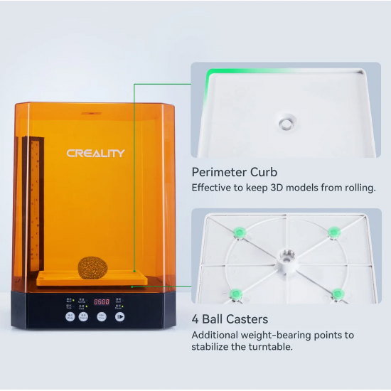 Creality masina de spalat si intarire modele 3D rasina UV, UW-03, timp spalare/intarire: 5-30 min , rand dublu de lampi cu lumina ultraviolet, platorma rotative 360°, dimensiuni maxime spalare:210*160*200mm, dimensiuni maxime uscare si intarire: 215*165*3
