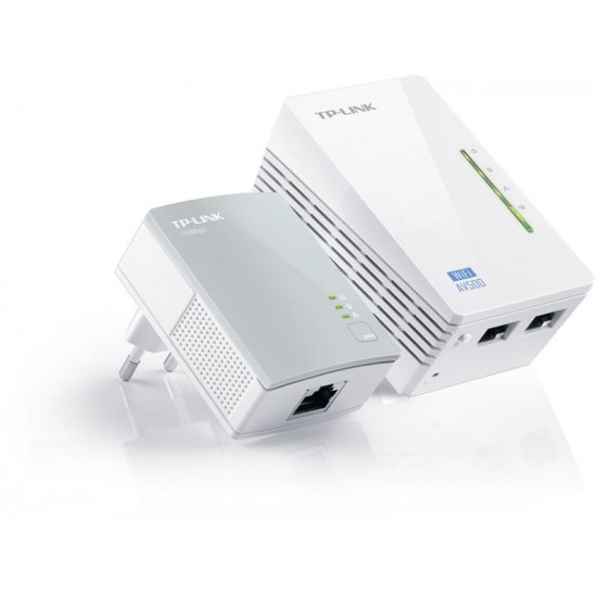 TP-Link, Adaptor PowerLine 300Mbps, Extender Wireless AV600 KIT, HomePlug AV,2 porturi 10/100Mbps, Butoane: Pair, Reset, Wi-Fi/Wi-Fi Clone, Aria de acoperire, 300 metri prin circuitul electric, 2.4- 2.4835GHz, Conținut Pachet: Powerline Ethernet Adapter T