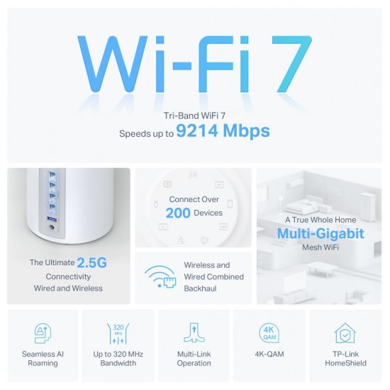 TP-LINK DECO BE65(3-PACK) Sistem Mesh WI-FI 7, BE9300, TRI-BAND, Standarde wireless: IEEE 802.11be/ax 6 GHz, IEEE 802.11be/ax/ac/n/a 5 GHz, IEEE 802.11ax/n/b/g 2.4 GHz, Viteze wireless: BE9300 6 GHz: 5760 Mbps (802.11be), 5 GHz: 2880 Mbps (802.11be), 2.4 