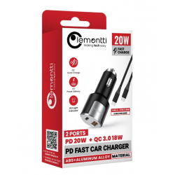 Incarcator auto Lemontti Fast Charge 1 x port PD Type-C 20W + 1 x port USB-A QC 3.0 18W cu cablu Type-C la Type-C 20W, lungime 1m, Negru/Argintiu