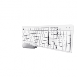 Kit Trust Ody II wireless, cu taste silentioase, cu functie de power saving, rezistenta la stropire, conectare tip USB-A 2.0, include 2 baterii, compatibila PC/Laptop (Windows, MacOS, Chrome OS), rezolutie mouse 1600 DPI, optic, alb