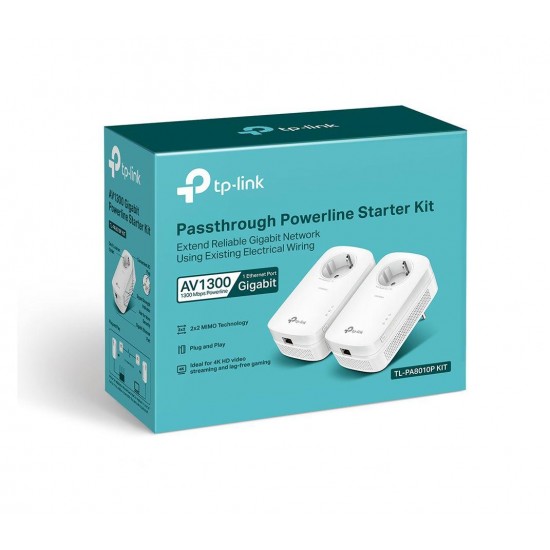 TP-Link AV1200 Gigabit Passthrough Powerline Starter Kit, TL-PA8010PKIT, HomePlug AV2, HomePlug AV, IEEE1901, IEEE802.3, IEEE802.3u,IEEE802.3ab, 1*Gigabit Ethernet Port, Power Socket, Pair Button, PWR,PLC, ETH