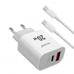 Lemontti Set Incarcator Retea Fast Charge 20W 1 x PD Type-C + 1 x USB-A Quick Charge 3.0 si cablu Type-C-Type-C 20W 1m Alb