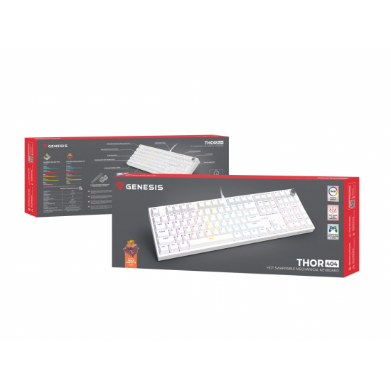 Tastatura gaming mecanica cu fir Genesis Thor 404, iluminare RGB, 107 taste, 11 butoane multimedia, alb