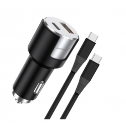 Incarcator auto Lemontti Fast Charge 1 x port PD Type-C 20W + 1 x port USB-A QC 3.0 18W cu cablu Type-C la Type-C 20W, lungime 1m, Negru/Argintiu