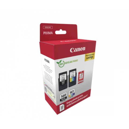 Canon pachet cartuse cearneala PG-560/CL561 PHOTO VALUE PACK, capacitate negru: 180 pagini/8.3ml, Color: 180 pagini / 7.5ml, Compatibil cu: PIXMA TS5253, PIXMA TS5350, PIXMA TS5351, PIXMA TS5352, Bonus 50 coli hartie foto 10 x 15cm.