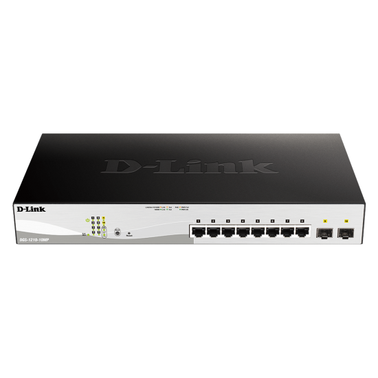 D-Link Switch 10 porturi POE smart maaged DGS-1210-10MP, Interfata: 8 x 10/100/1000Mbps, 2 x100/1000 SFP, Capacitate switch: 20 Gbps, Memorie: 128Mb DDR3, Flash 32Mb, Auto MDI/MDIX, Buget POE: 130W, Dimensiuni: 330 x 180 x 44 mm, Greutate: 1.77kg.