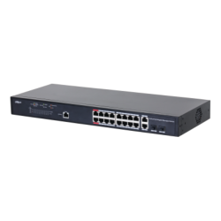 Dahua Managed Switch 18 porturi, 16 porturi POE, Gigabit, Port 1-16:16 × 10M/100M/1000MBase-T (PoE), Port 17-18:2 × 10M/100M/1000MBase-T (uplink) (combo), Port 17-18:2 × 1000M SFP (uplink)(combo), 1 × Console port, Managed L2, Capacitate switch: 56 Gbps, 