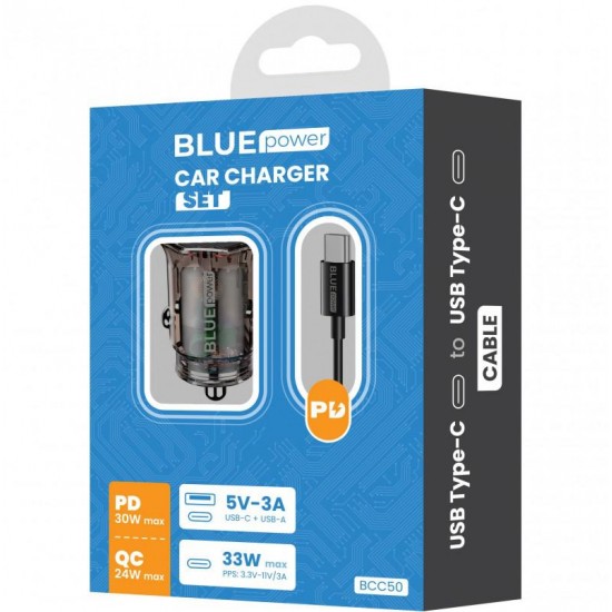 Incarcator auto BLUE Power BCC50 33W/3A 1xUSB-A & 1xUSB-C Black + Cable USB-C to USB-C Black