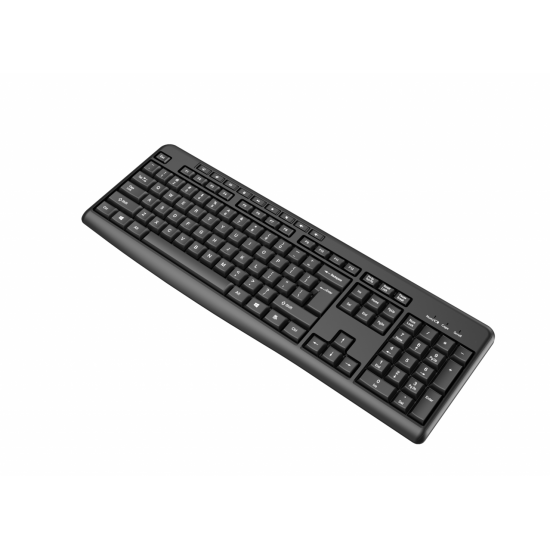 Tastatură wireless 2.4G Tastatură: cu rând independent de taste multimedia Mod: 2.4G Număr taste: 104 + 9 taste rapide Material: ABS Culoare: Negru Chipset: Huntersun Aspect: Orice aspect disponibil Tip interfață: USB Dimensiune: 442*152*25mm ; 440g Bater