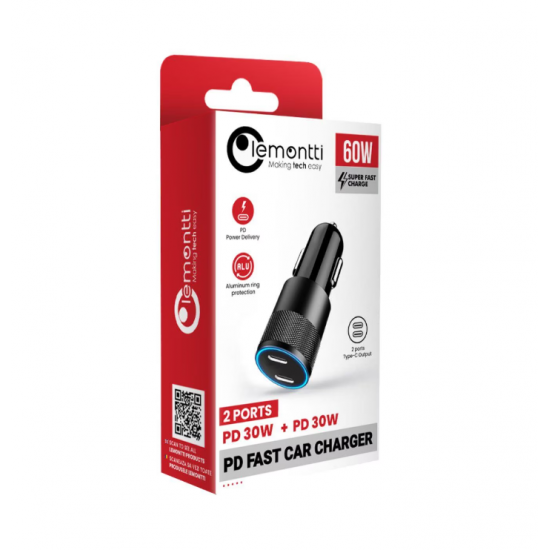 Incarcator auto Lemontti fast Charge Type-C PD,60W, USB-C 30W, USB-C 30W, incarcare rapida pe ambele porturi, intrare: DC 12V-24V, iesire: C1 5V/3A, 9V/3A, 12V/2.5A, iesire: C2  5V/3A, 9V/3A, 12V/2.5ANegru