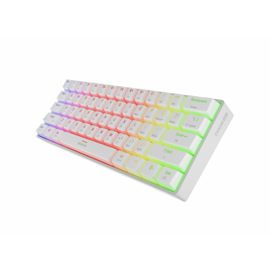 Tastatura gaming mecanica wireless Genesis Thor 660 G2 60% , iluminare RGB, switch Tactile, switch model Gateron Brown, numar taste 61, 13 butoane multimedia, lungime cablu 1.5m, dimensiuni 293 x 102 x 39 mm, alb