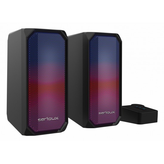 Boxe gaming 2.0 Serioux Kyro RGB, Functie Dual Mode Bluetooth, putere: 3W x 2, impedanță: 4Ω, frecvență: 150Hz - 20KHz, sensibilitate : 650mv± 50mv, alimentare: DC5V / 1A, S / N: ≥75dB, dimensiunea driverului: 2,5 inch x 2, conexiune: 3.5mm jack TRS, RGB 