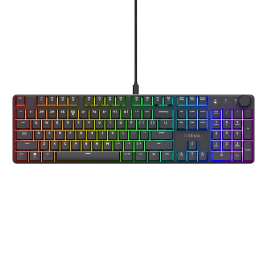 Tastatura mecanica Trust GXT 866 Torix cu fir, swtich linear, 104 butoane, full RGB, butoane programabile, tipuri de jocuri FPS, MMO, MOBA, RPG, RTS, negru