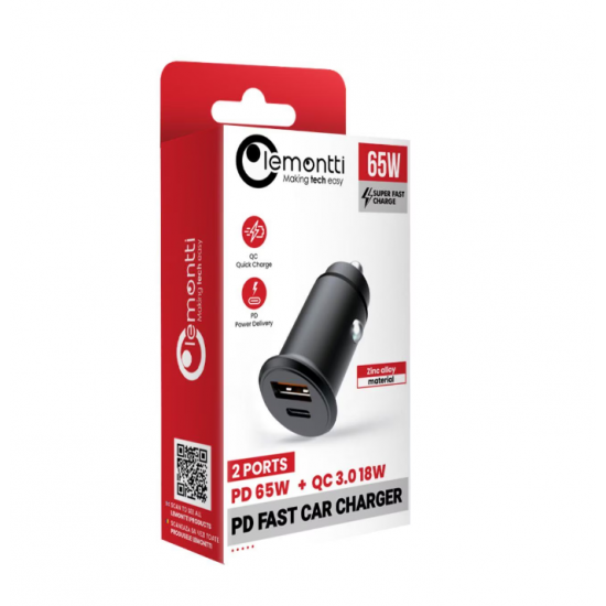 Incarcator auto Lemontti Super Fast Charge 65W 2 porturi PD Type-C 65W + USB-A QC 3.0, Negru