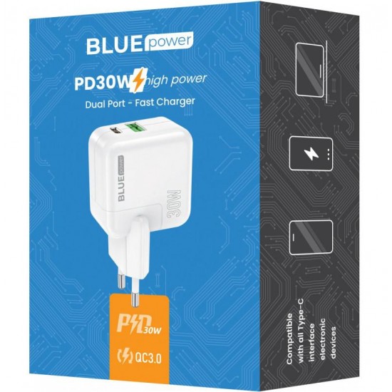 Incarcator retea BLUE Power BC111A 30W/3A  1xUSB-A & 1xUSB-C White