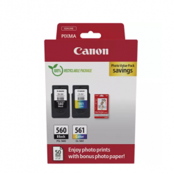 Combo-Pack Value Original Canon Black/Color, PG-560/CL-561+hartie Photo, pentru Pixma TS5350|TS5351|TS5352, 180/180, (timbru verde 0.3 lei), 