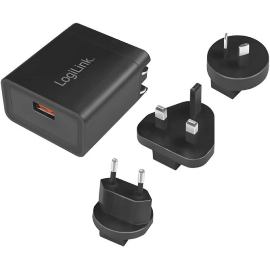 ALIMENTATOR retea 220V LOGILINK, universal, 1 x USB-A, maxim 3A (5V), 18W (12V/1.5A), adaptor US/AU/UK/EU, suport OCP/OVP/OHP/SCP, negru, 