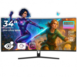 Monitor LED Gaming Curbat 34 inch OptimX MT34J, Ultra Wide Quad HD 3440 x 1440 2K, 100Hz, 2x HDMI, 2x DisplayPort, Slim, No Frame  